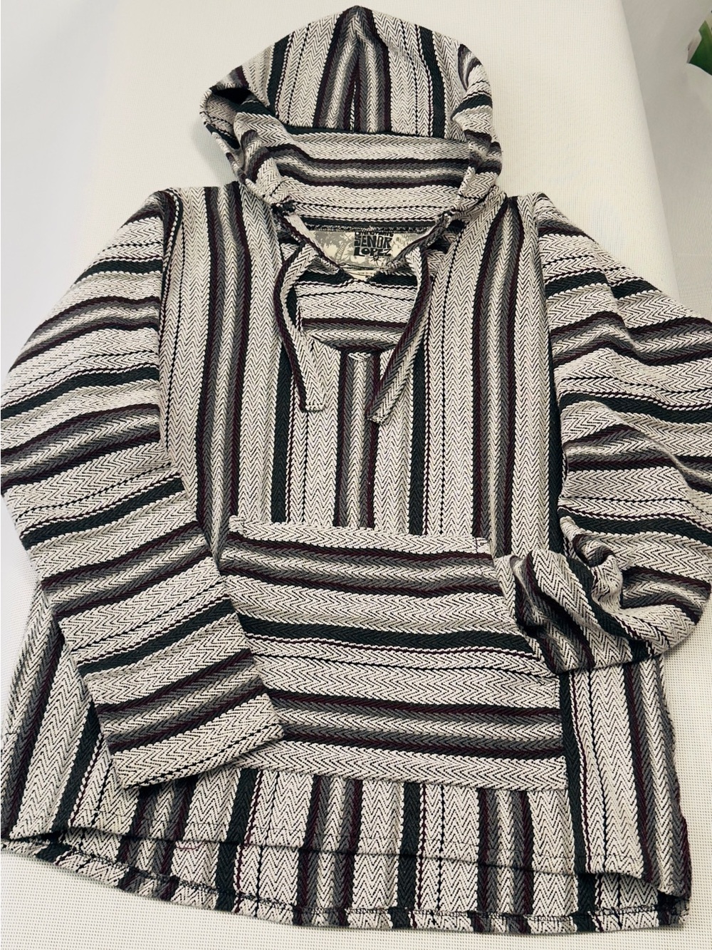 Striped Hooded Baja Poncho Sweater in Black & Cream by Señor Lopez